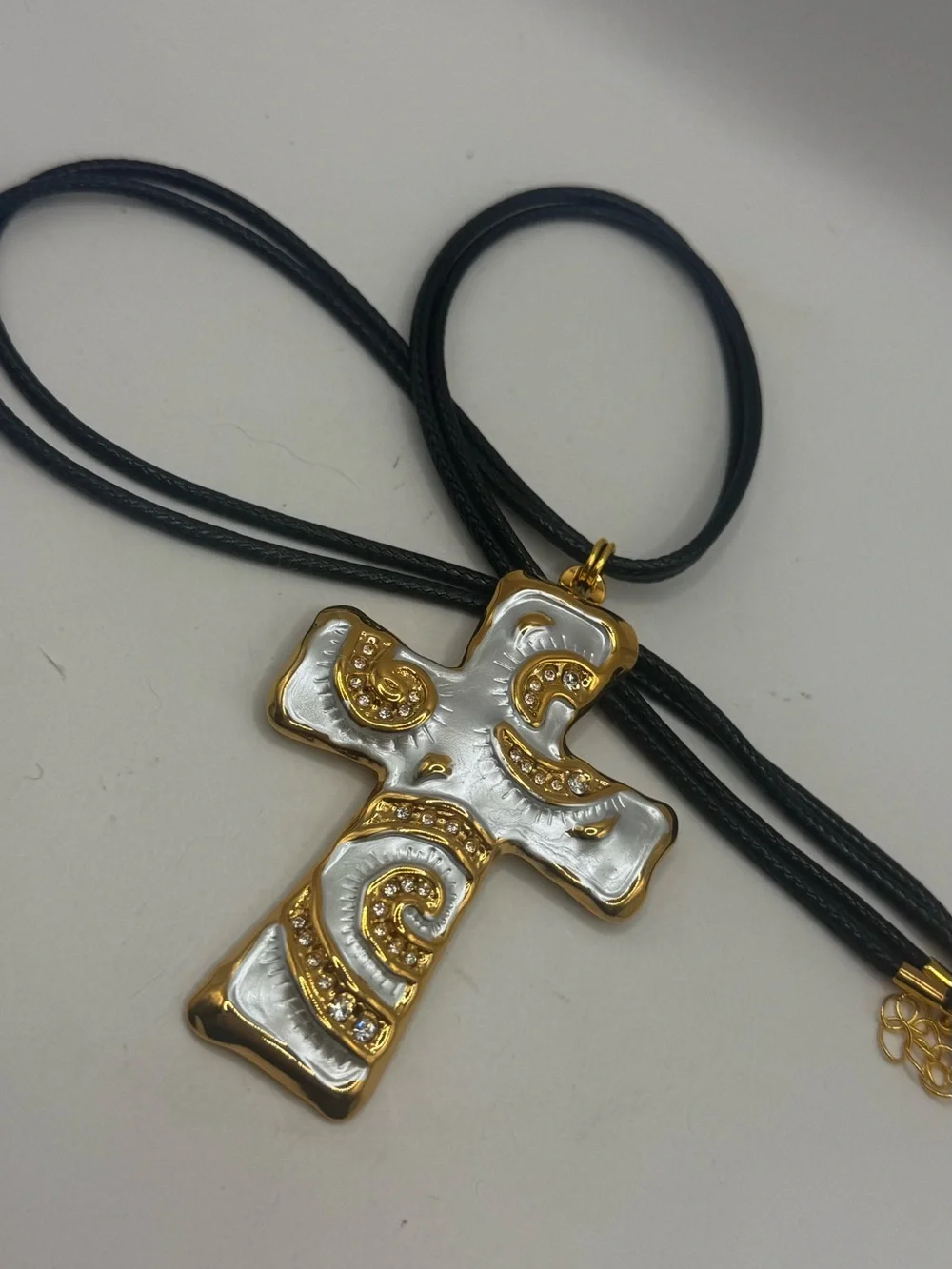 Gold-Tone and White Enamel Cross Pendant Necklace with Rhinestones